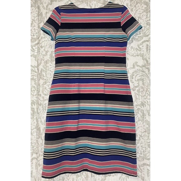 Talbots Multicolor Stripe Jersey Shift Dress Gold Button SP S Petite - Picture 8 of 8